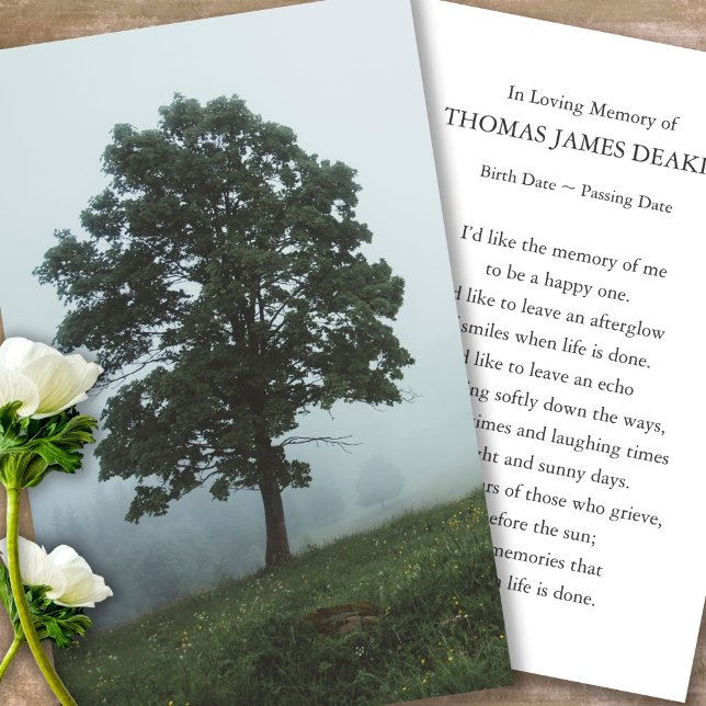 Funeral Memorial Tree Prayer Sympathy Cards (foggy field and tree, celebration of life, in loving memory of, prayer cards for bereavement)
