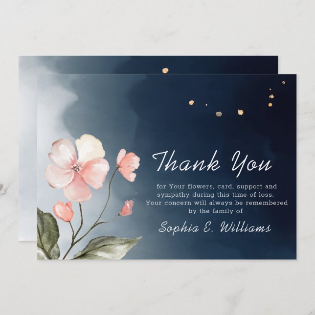 Funeral Navy Blue Elegant Floral Thank You Card (Front/Back)