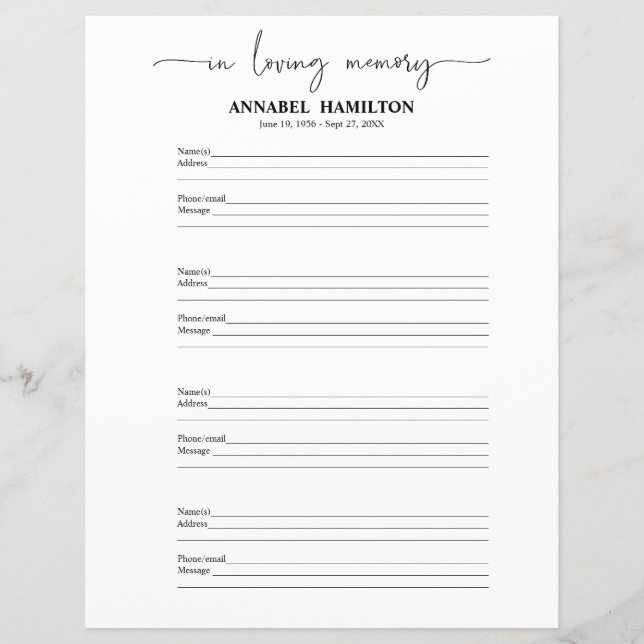 Funeral Or Memorial Guest Book Filler Page (Front)
