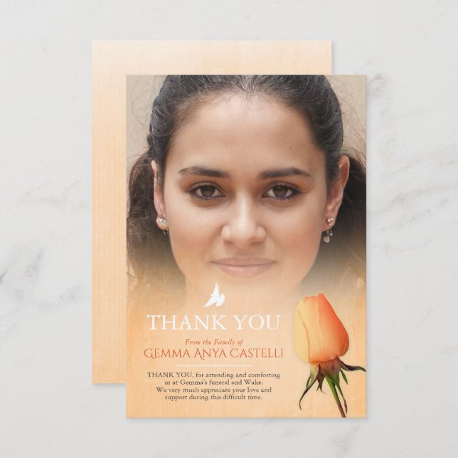 Funeral orange rose photo family thank you card (Front/Back)