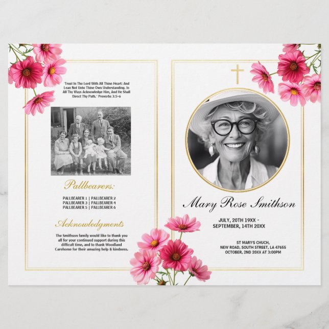 Funeral Order of Service Life Cosmos Pink Flower Flyer (Front)