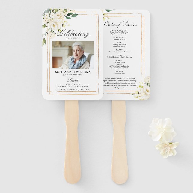 Funeral Order of Service|White Floral Set of Fans (Front and Back)
