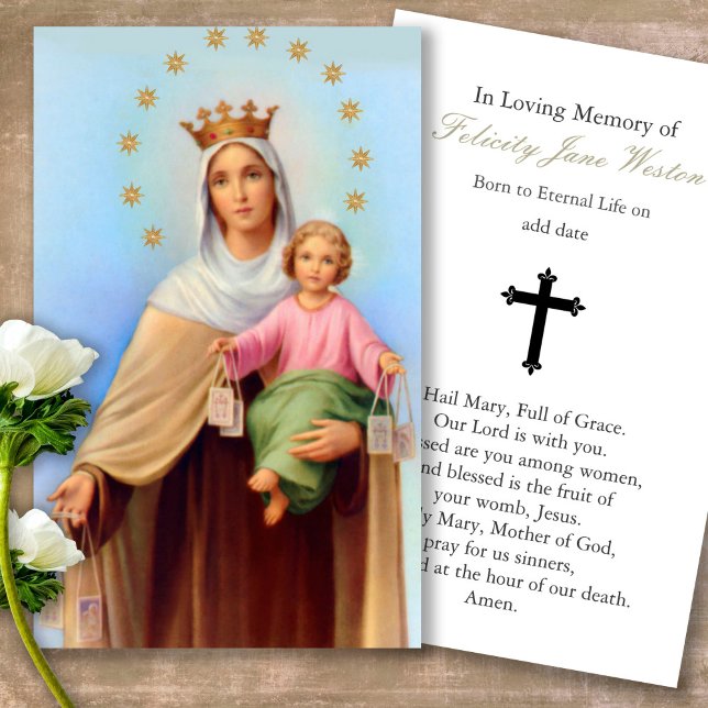 Funeral Our Lady Mt Carmel Prayer Sympathy Cards (catholic, religious, celebration of life, in loving memory of, prayer cards for bereavement)