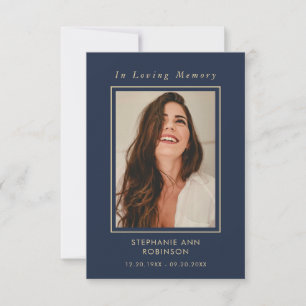 Funeral Photo Memorial Blue Gold Script  Card
