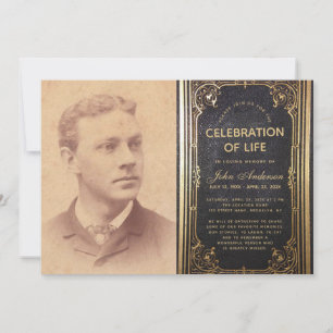 Funeral Photo Vintage Black Gold Life Celebration  Invitation