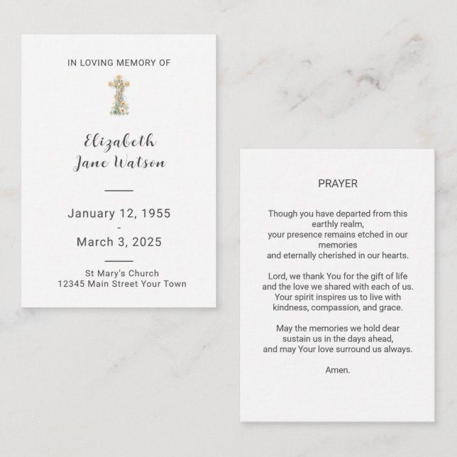  Funeral Prayer Card  Floral Cross  (Front/Back)