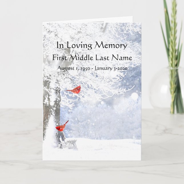 Funeral Program Cardinal Red Birds Winter Snow (Front)