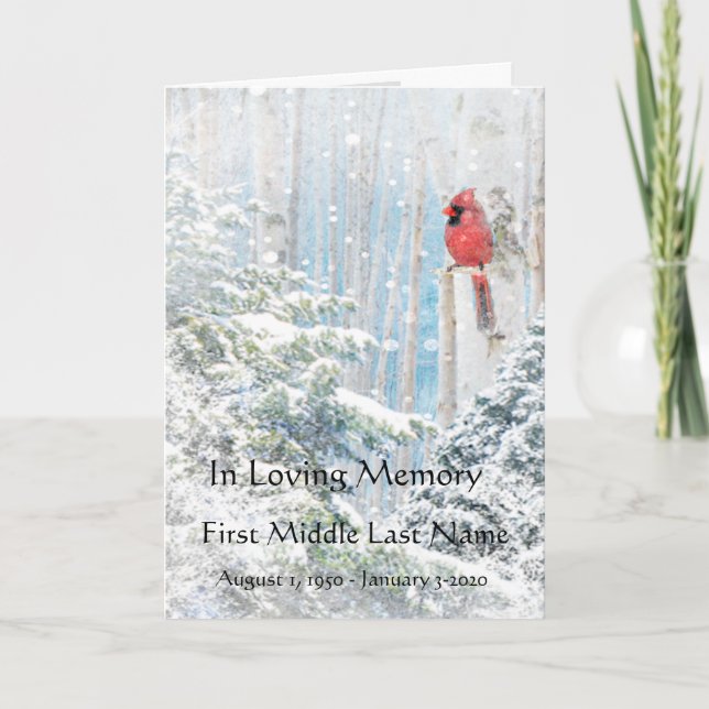 Funeral Program Cardinal Red Birds Winter Snow (Front)