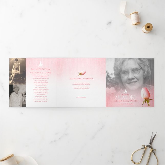 Funeral program order of service pink rose dove Tri-Fold programme (Outside)