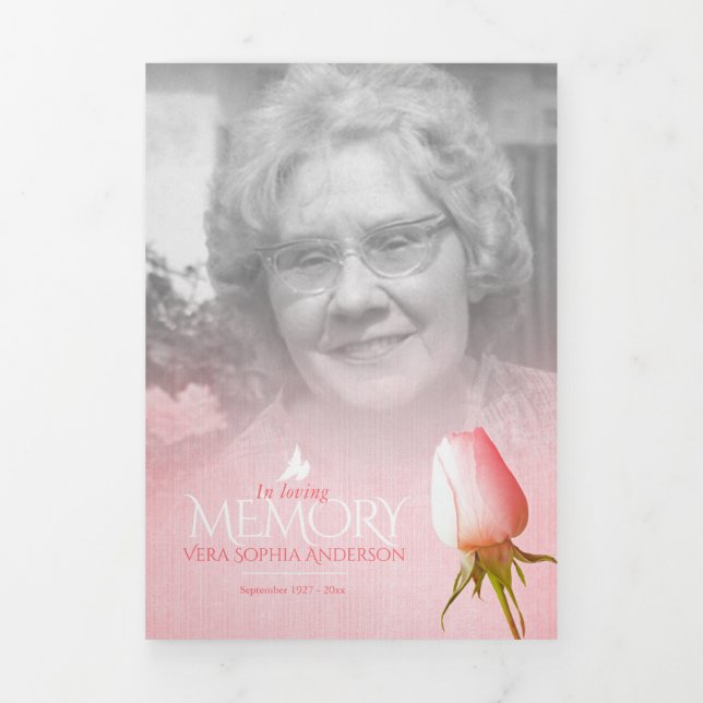 Funeral program order of service pink rose Tri-Fold programme (Cover)