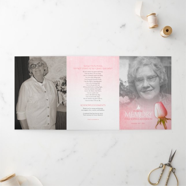 Funeral program order of service pink rose Tri-Fold programme (Outside)