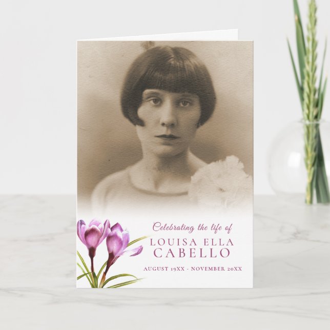 Funeral program purple crocus watercolor photos (Front)