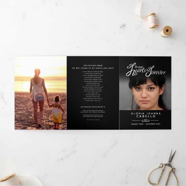 Funeral program service in our hearts black white Tri-Fold programme (Outside)