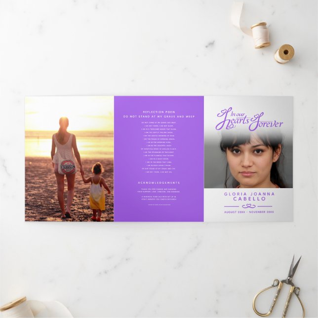 Funeral program service in our hearts white purple Tri-Fold programme (Outside)