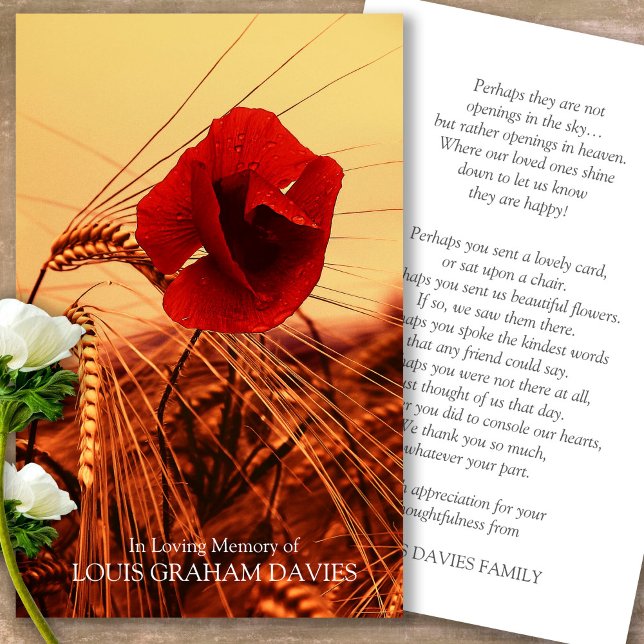 Funeral Red Poppy Memorial Prayer Sympathy Cards (military sympathy card, military prayer cards, funeral prayer card, death, military funeral cards)