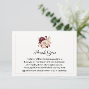 Funeral Religious Memorial Burgundy Fall Floral Thank You Card