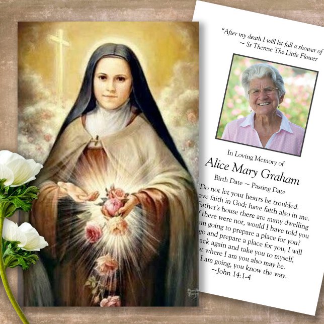 Funeral Religious St Therese Prayer Sympathy Cards (catholic, religious, celebration of life, in loving memory of, prayer cards for bereavement)