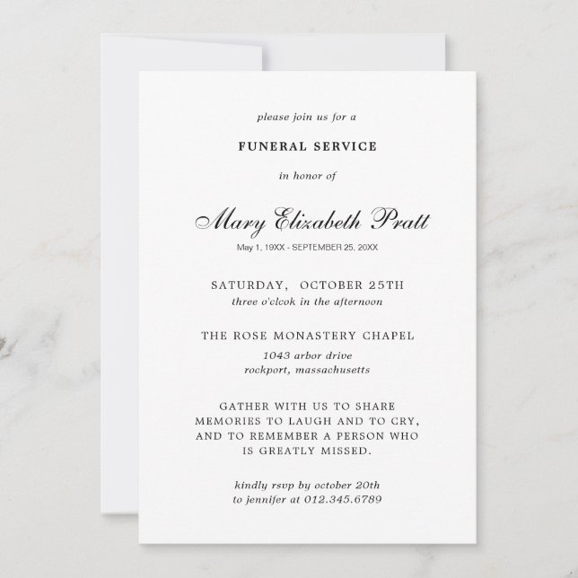 Funeral Service Black White Elegant Invitation (Front)