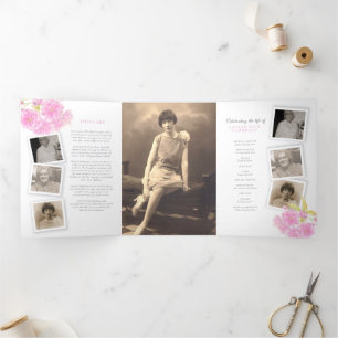 Funeral service program pink blossom photo 6pp Tri-Fold programme