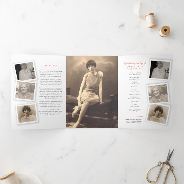 Funeral service program striped rose red yellow Tri-Fold invitation (Inside)