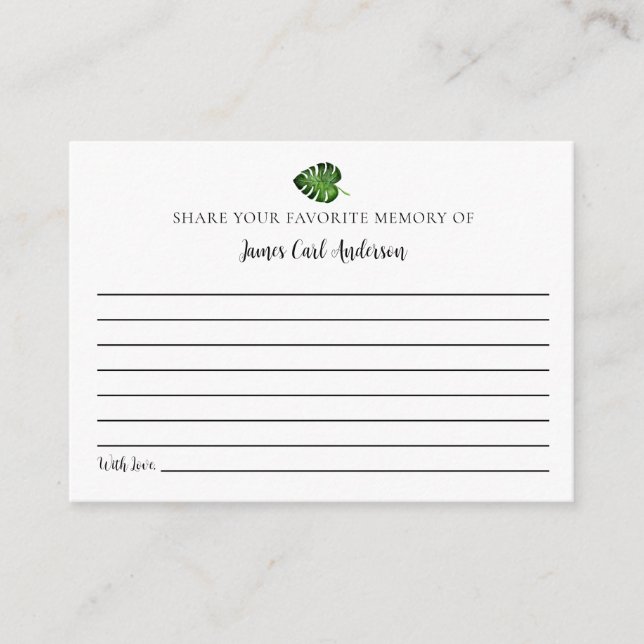 Funeral Share Your Memory Memorial Tropical Custom Enclosure Card (Front)
