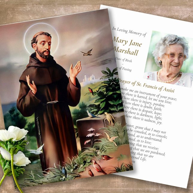 Funeral St Francis of Assisi Sympathy Prayer Card (catholic, religious, celebration of life, in loving memory of, prayer cards for bereavement)