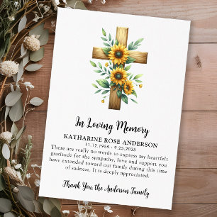 Funeral Sunflower Cross Modern Memorial Sympathy Thank You Card
