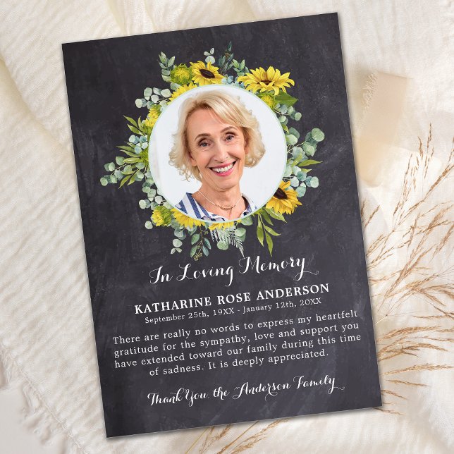 Funeral Sunflower Eucalyptus Slate Photo Sympathy  Thank You Card (Creator Uploaded)