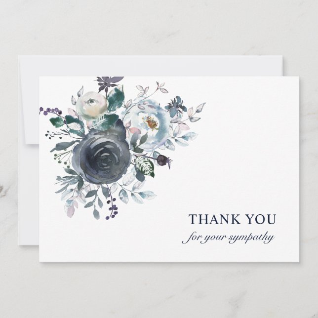 Funeral Sympathy Thank You Blue Watercolor Floral Card (Front)