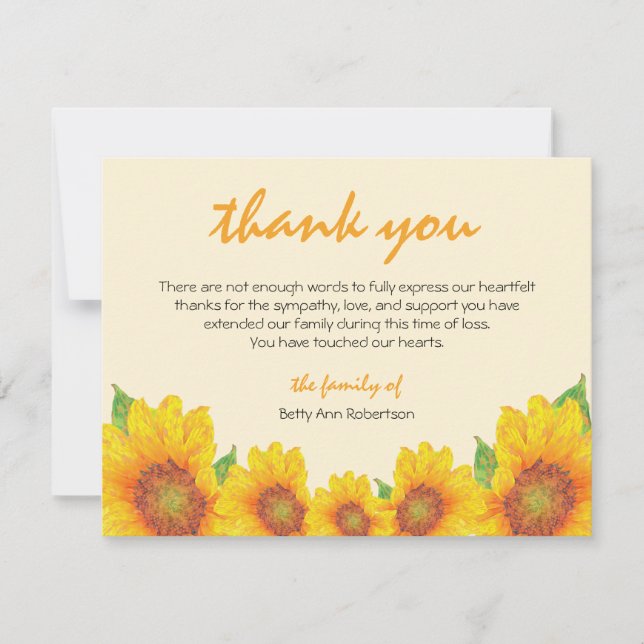 Funeral Sympathy Thank You Sunflower Theme Card (Front)