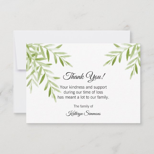 Funeral Thank You Card - Digital Watercolor Leaves (Front)