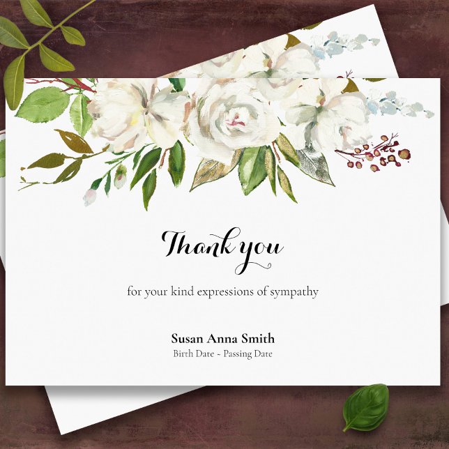 Funeral Thank You Cards | Antique White Roses (White roses sympathy bereavement memorial funeral thank you card)