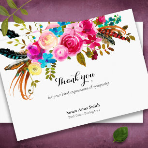 Funeral Thank You Cards   Boho Feathers & Flowers