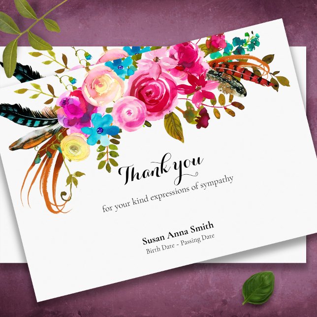 Funeral Thank You Cards | Boho Feathers & Flowers (Feather and florals bereavement memorial sympathy funeral thank you card)