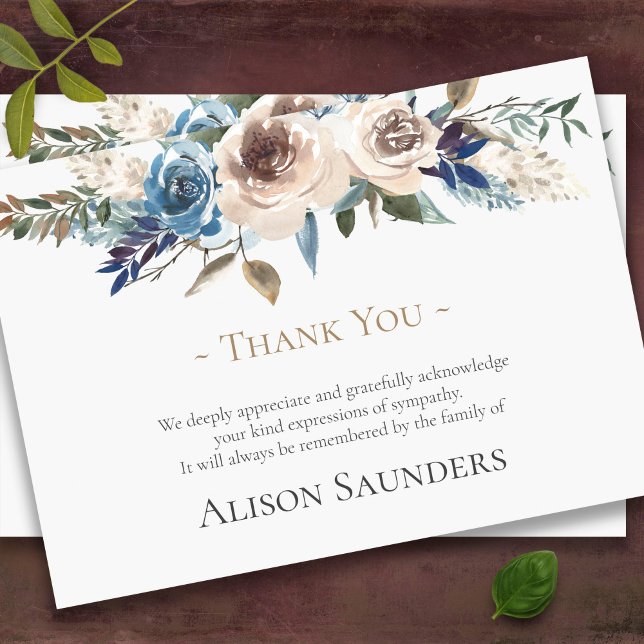 Funeral Thank You Cards | Botanical Beige & Blue (Beige and blue florals sympathy bereavement celebration of life funeral thank you cards)