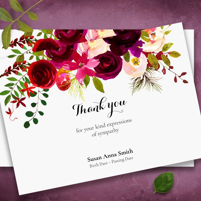 Funeral Thank You Cards | Crimson Floral (Watercolor floral memorial funeral thank you card, celebration of life)