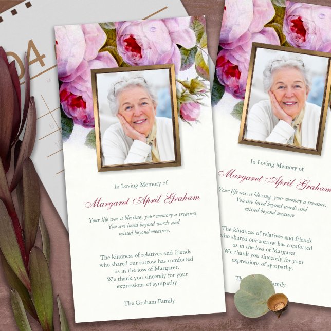 Funeral Thank You Cards | Pink Botanical Roses (funeral thank you cards, bereavement, elegant, simple, celebration of life, sympathy card)