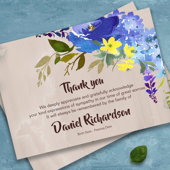 Funeral Thank You Cards | Watercolor Flowers (Watercolor floral in blue bereavement Memorial Sympathy Funeral Thank You Card)
