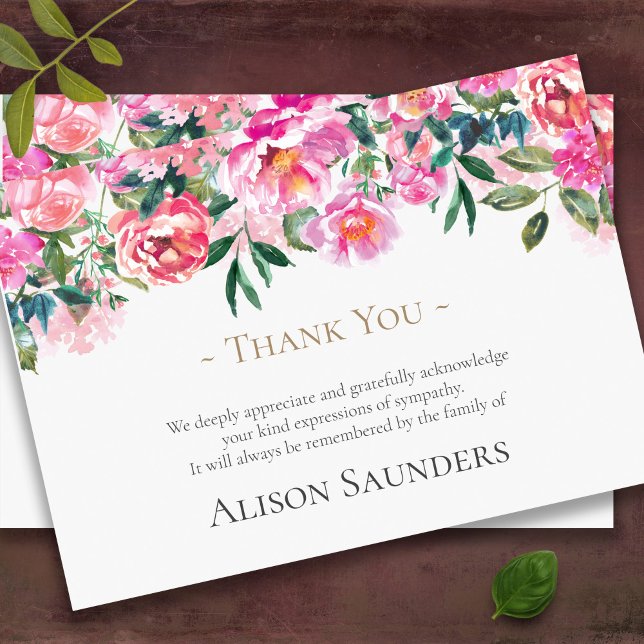 Funeral Thank You Cards | Watercolor Pink Peonies (pink peonies sympathy bereavement memorial funeral thank you card)