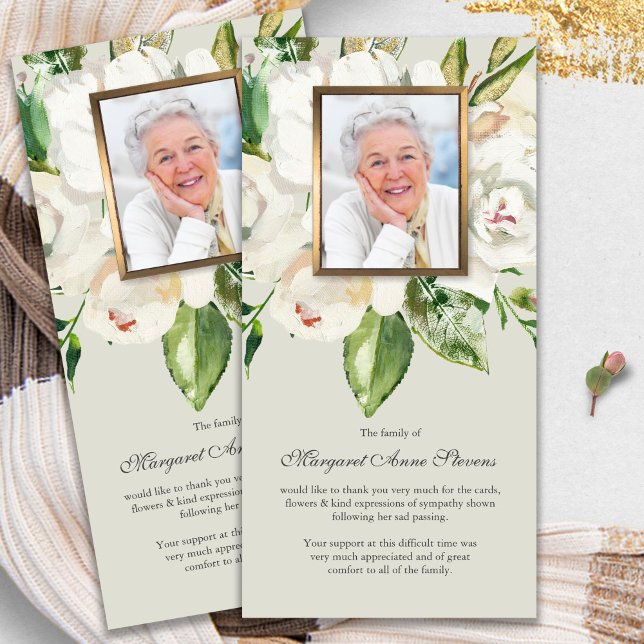 Funeral Thank You Cards | White Rose & Photo (funeral thank you cards, bereavement, elegant, simple, celebration of life, sympathy card)
