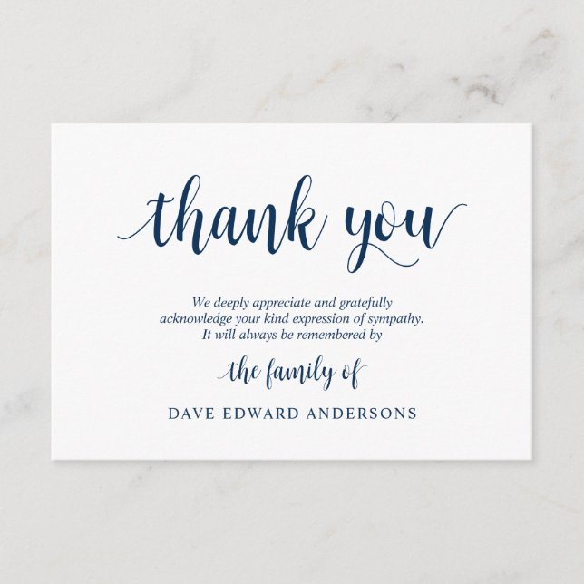 Funeral Thank You Note Card Bereavement, Navy Blue (Front)