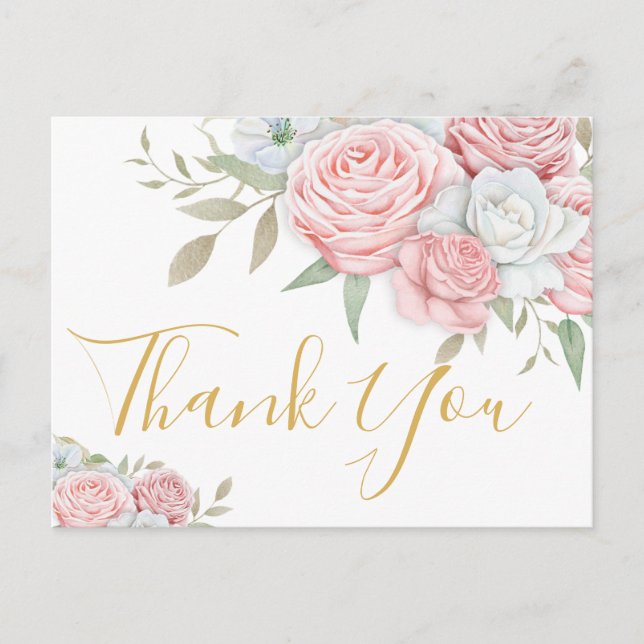 Funeral Thank You | Pink White Roses Invitation Postcard (Front)