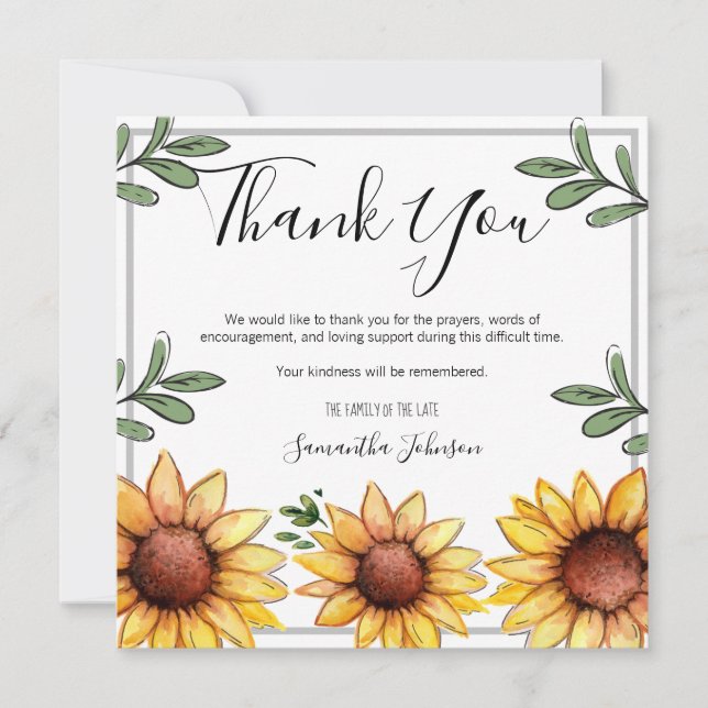 Funeral Thank You Rustic Sunflowers One Photo Card (Front)