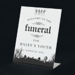 Funeral Theme RIP Twenties 20s Funny 30th Birthday Pedestal Sign<br><div class="desc">This Funny yet spooky design features a funeral theme with a graveyard and dancing skeletons in black with a white background. Personalise the sign with your details and if you want to further re-arrange the style and placement of the text, please press the "Click to customise further" button. For more...</div>