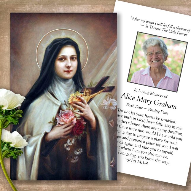 Funeral Thérèse aux Roses Prayer Sympathy Cards (catholic, religious, celebration of life, in loving memory of, prayer cards for bereavement)