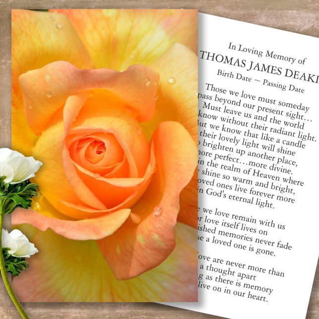 Funeral Yellow Rose Memorial Prayer Sympathy Cards (Forever in our hearts, celebration of life, in loving memory of, prayer cards for bereavement)