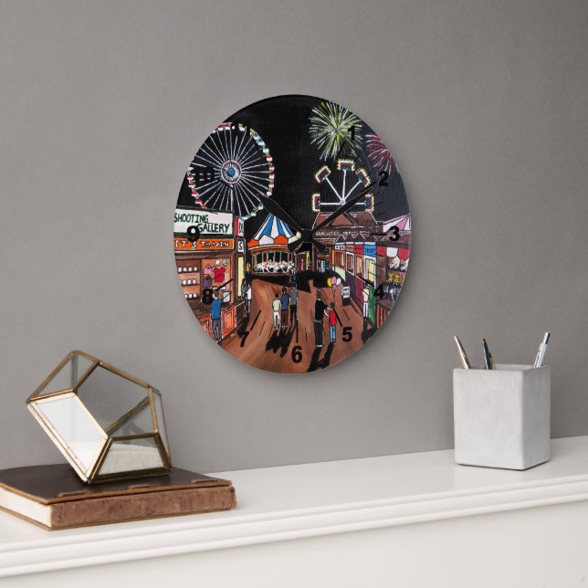 Funfair at Night Painting by Alfred Fox Large Clock (Office)