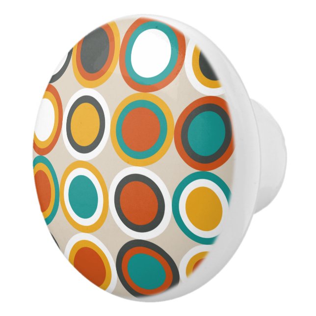 Funky 1970s Orange Teal Brown Circles Pattern Ceramic Knob (Right)