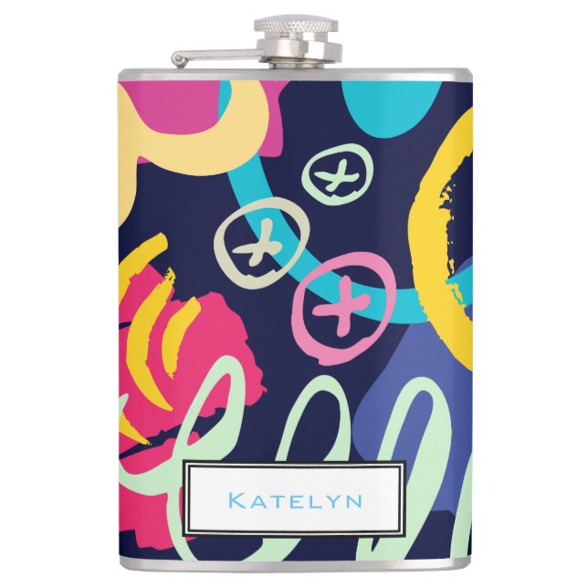 Funky 1980s Style Colourful Pattern with Monogram Hip Flask (Front)