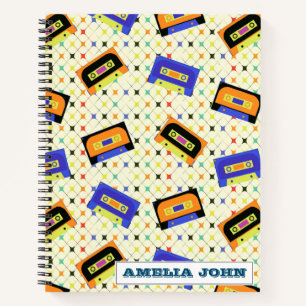 Funky 1990s Retro Cassette Pattern Name Notebook